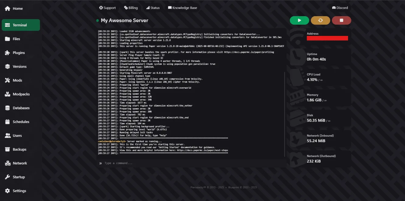 Easy-to-use Pterodactyl game server control panel